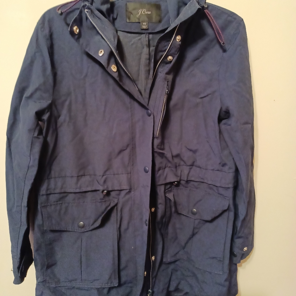 J Crew Womens Hooded Rain Jacket Coat XS Navy Blue Full Zip